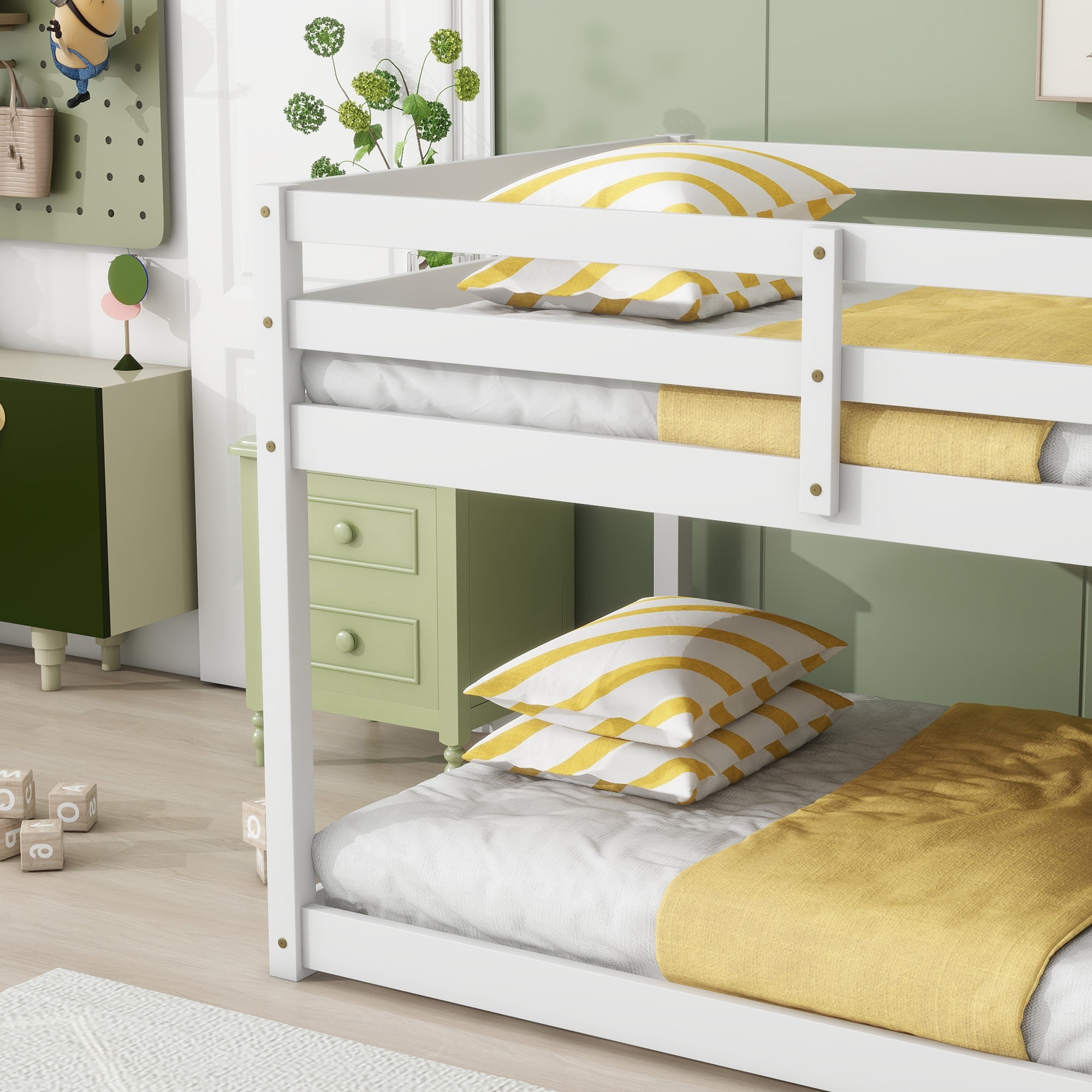 Sailvan Twin over Twin Floor Bunk Bed with Ladder, Solid Wooden/Solid Rubber, Upper and Bottom Bed Platforms crafted with Strengthened Slats