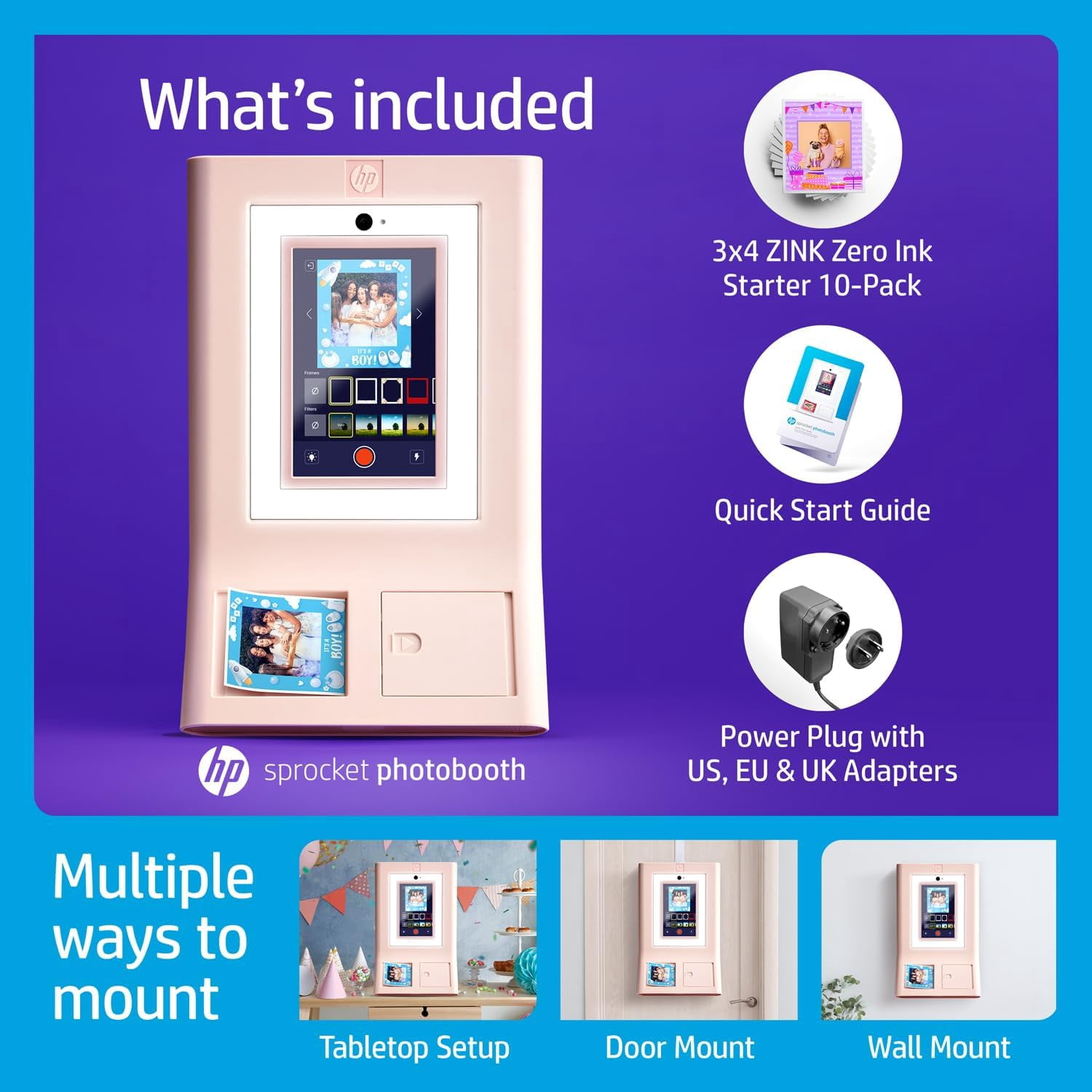 HP Sprocket Photo Booth Printer, 110 3x4 Zink Paper Sheets, Pink