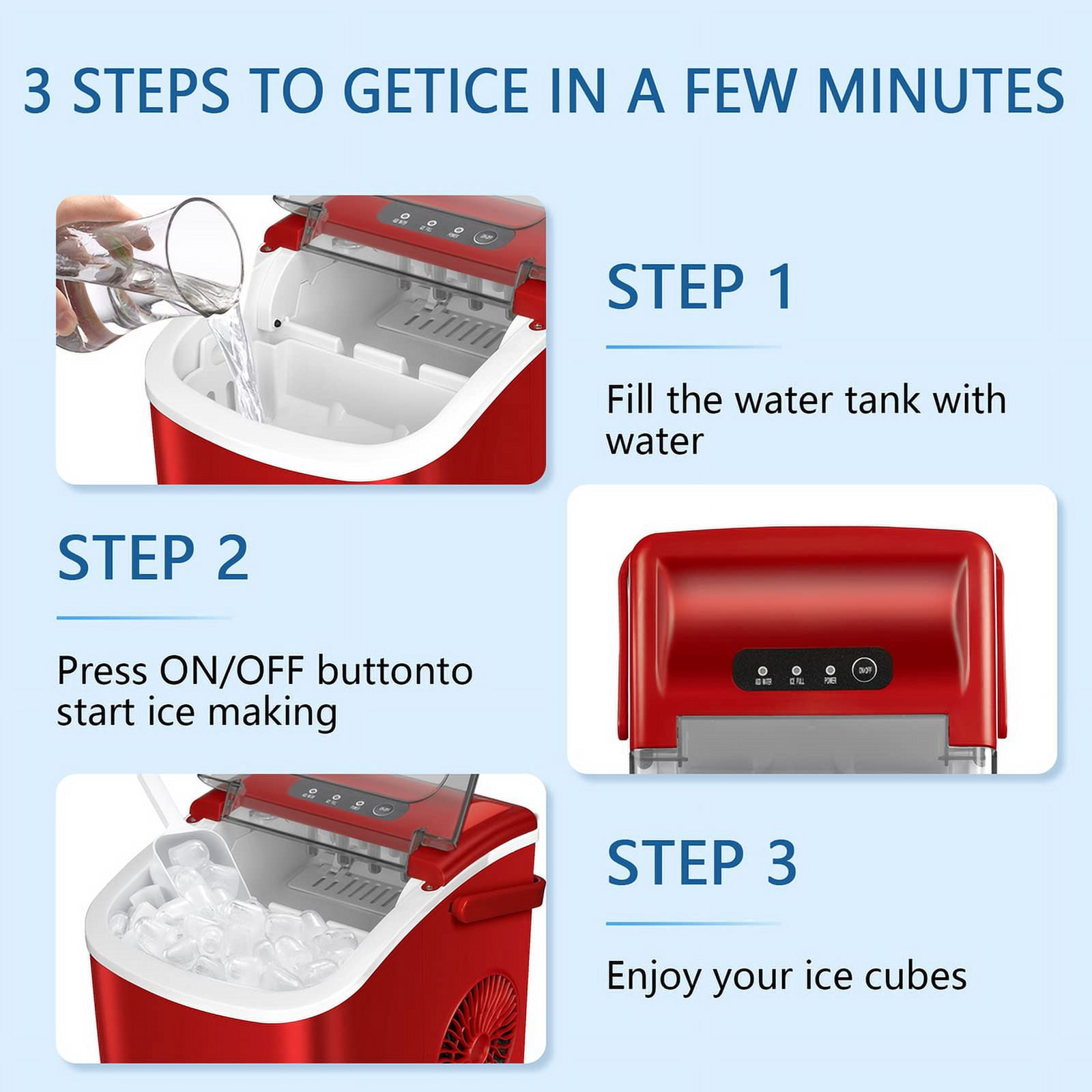YUKOOL Desktop Ice Maker,Portable,9pcs/6-13min,26lbs/24H,Self Cleaning,With Ice Scoop,Red