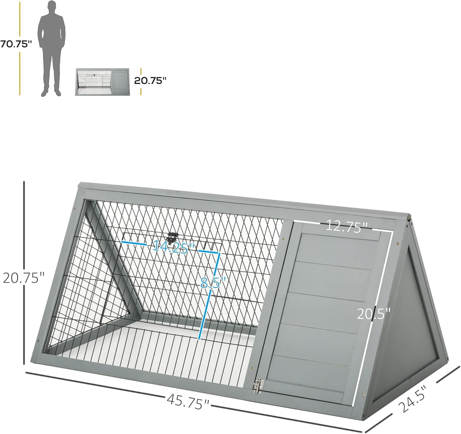 WSWJY 46" x 24" Wooden A-Frame Outdoor Rabbit Hutch, Small Animal Cage, Bunny Hutch with Outside Run & Ventilating Wire, Gray