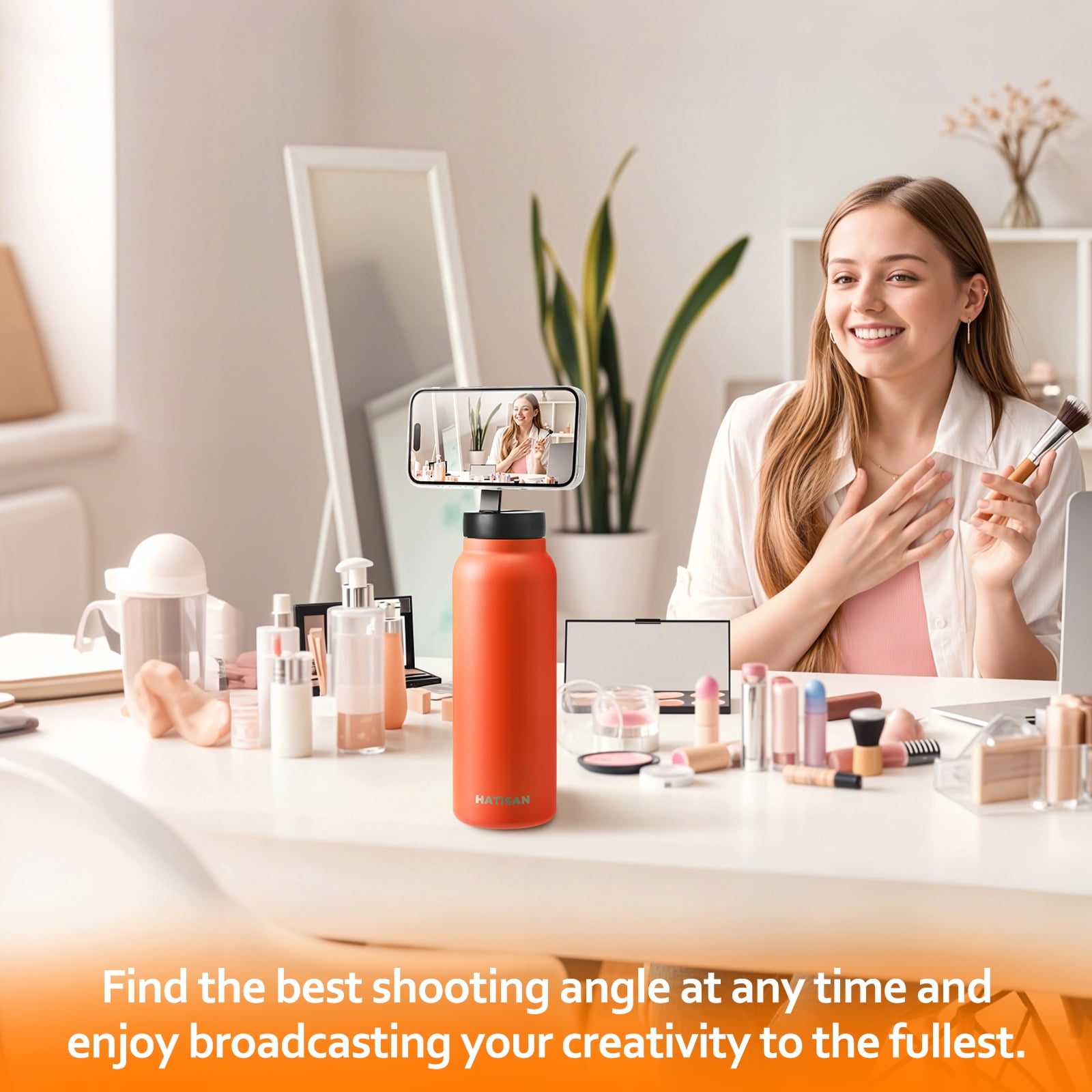 Hatisan 24 oz Insulated Water Bottle, Magnetic Stainless Steel Water Bottle, with Mobile Phone Holder Tripod, Hot for 12H, Cold for 24H(Orange)