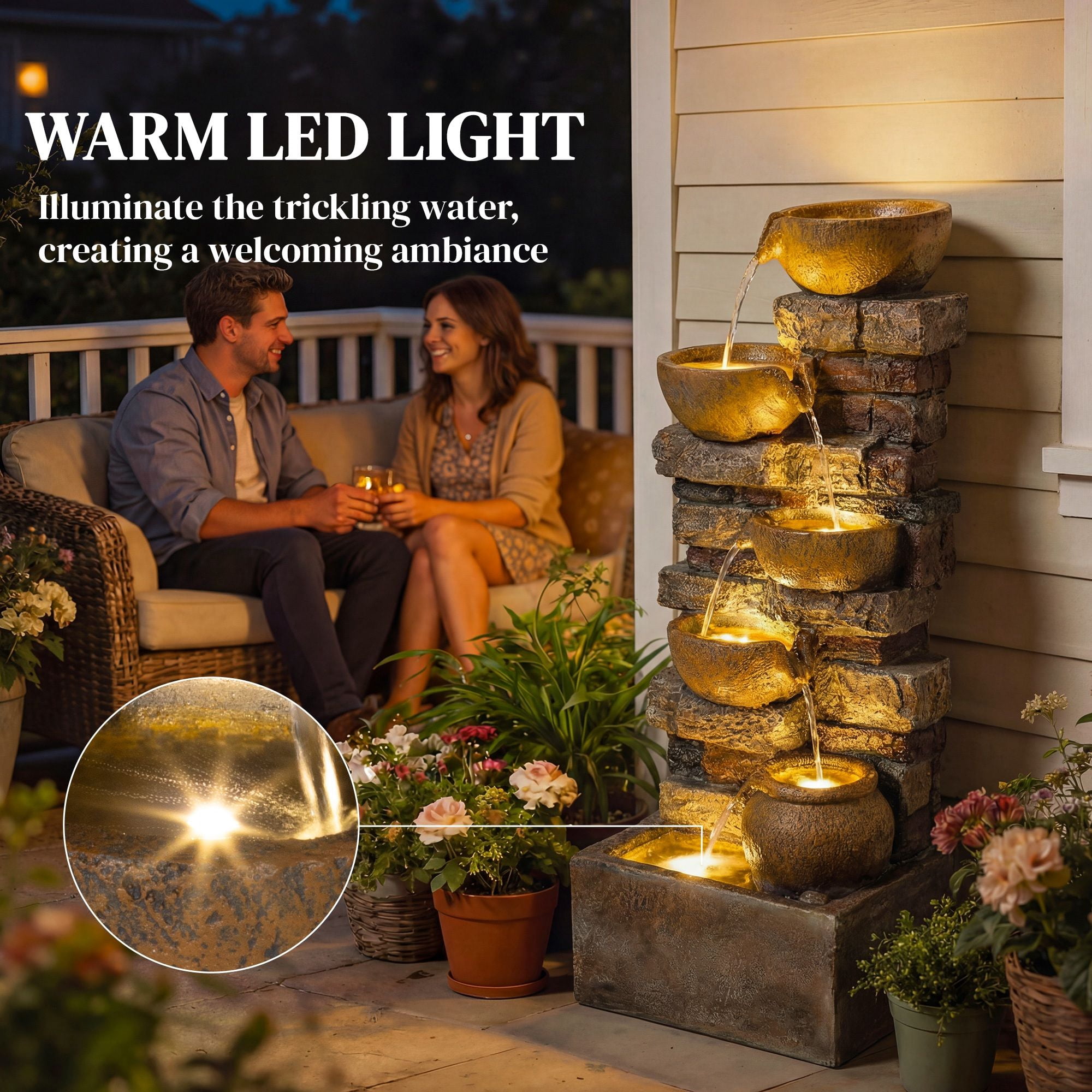 Dranite 28" Outdoor Fountain 5-Tier Rustic Jugs Cascading Waterfall with LED Lights