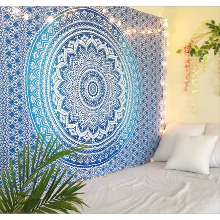 Blue Ombre Mandala Tapestry Twin Size Boho Dorm Room Wall