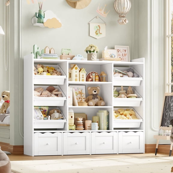 Hiphuta 55" Wide Toy Storage Organizer with 4 Removable Drawers, 4-Tier Kid Bookcase with 6 Bins, Toy Organizer with Bookcase for Kid Bedroom Playroom, White