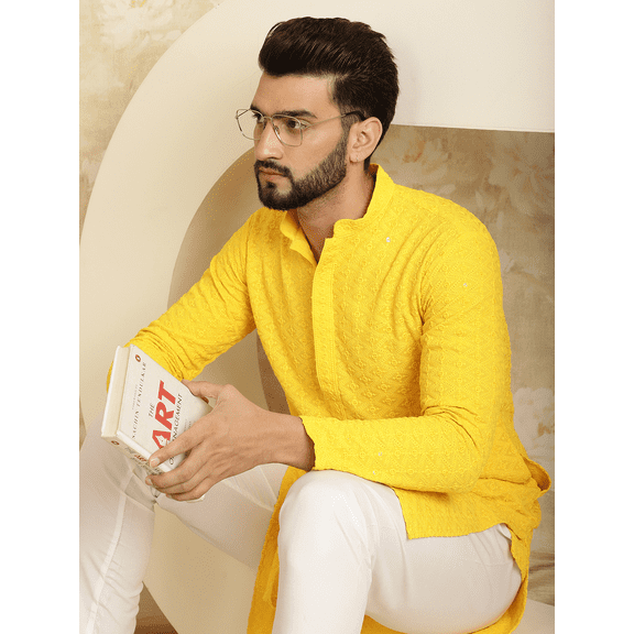 Sojanya (Since 1958) Men'S Pure Cotton Mustard Embroidered Sequined Kurta