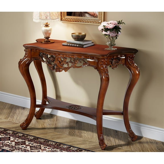 Tribesigns 38 Inch Vintage Carved Console Table Victorian Half Moon Sofa Table with Hollow Floral Apron and Cabriole Legs, Traditional Sofa Tables for Entryway, Hallway, Living Room
