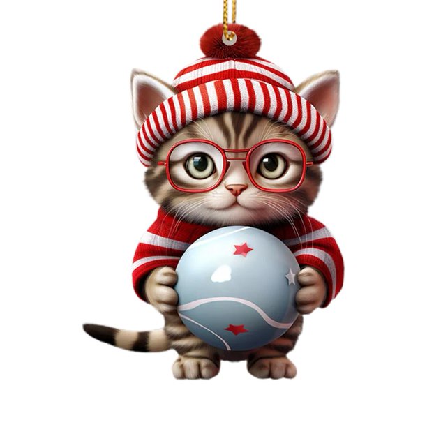Ruifaya Adorno navideño de gato, adorno navideño de gato acrílico 2D, adorno navideño para árbol de Navidad, adorno navideño colgante con forma de gato de dibujos animados, decoración navideña para