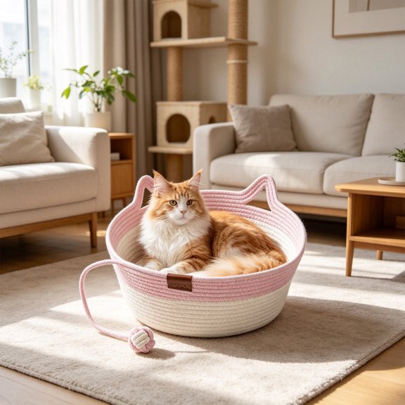 Yhmxh Cat Bed Basket with Knotted Toy Ball, Breathable Cotton Rope Kitten Sleeping Nest, Washable Cat Cave Bed, Durable Cozy Pet Sleeping Cradle for Indoor Cats Small Kittens Rest Playing Home Decor