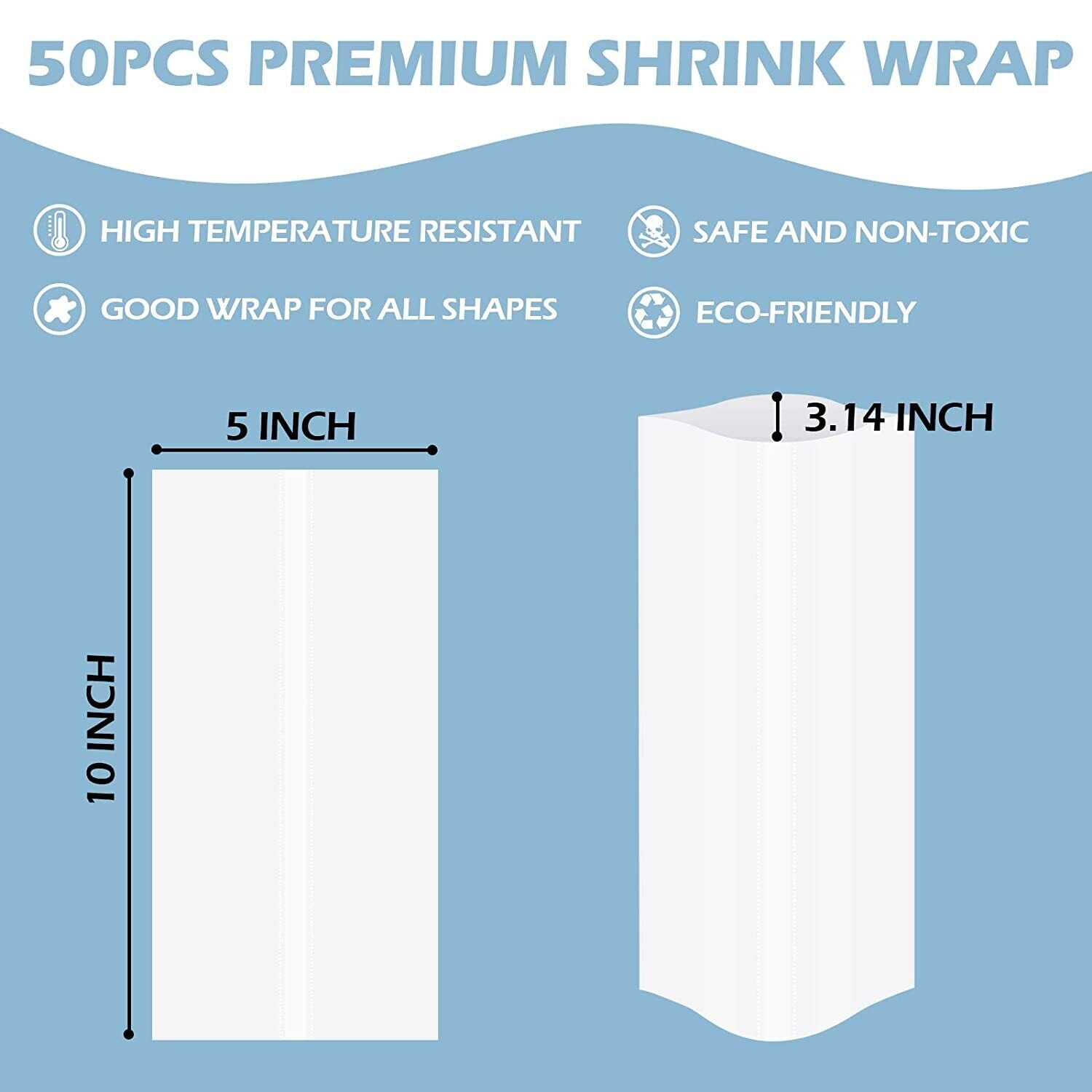 HTVRONT Shrink Wrap for Sublimation Tumblers 5x10 inch - 100pcs Sublimation Shrink Wrap Sleeves, Heat-Resistant Tumbler Shrink Wrap Film, White