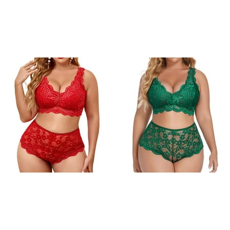 Lojoutye 2 Pack(Green 1PCS & Red 1PCS) Multipack Women Underwear Set Lace Plus Size V Neck High Waist Floral Lace Bra and Panty 2 Piece Set No Underwire