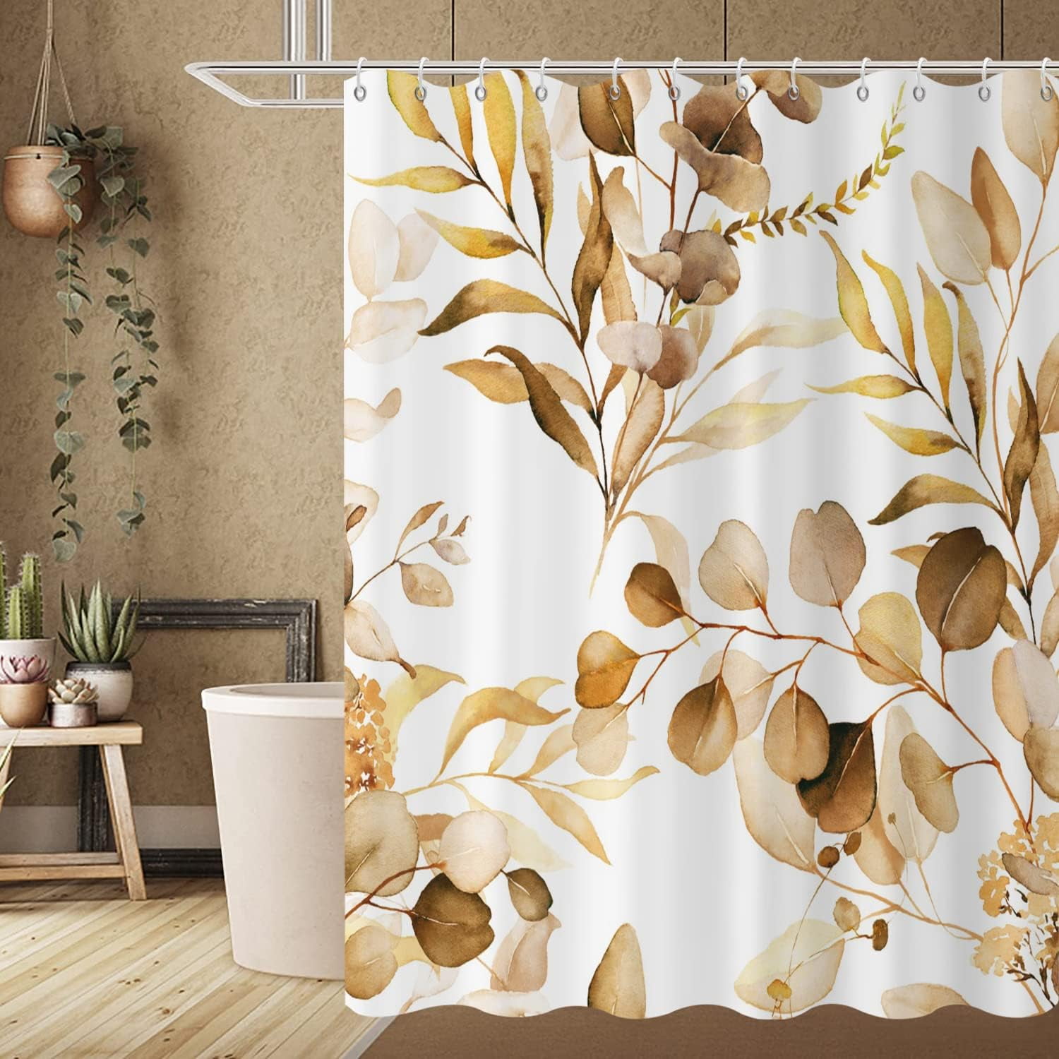 Brown Eucalyptus Leaf Long Shower Curtain, Brown Botanical Watercolor Plants Bathroom Curtain Bathtub Home Decor Waterproof Fabric Machine Washable with 12 PCS Hooks,72" Wx84 L