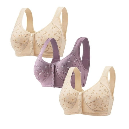Ecqkame 3Pc Bras for Women No Underwire Wireless Lace Comfortable Breathable Bra Front Closure Push Up Plus Size Bras 3PC Purple B XXXL on Clearance