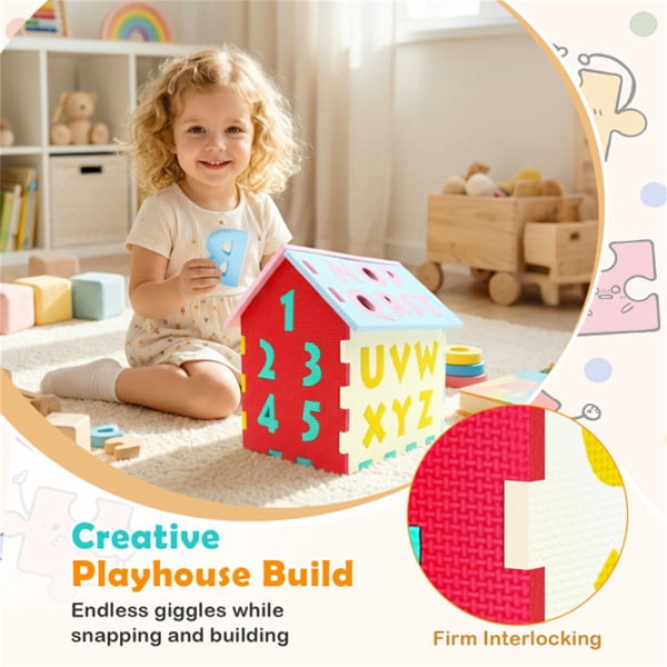 imerelez 3D Puzzle Playhouse Mat 12 × 10.5 × 12.5 in EVA Foam Interlocking Mat with Alphabet Number Matching, Multi-Color