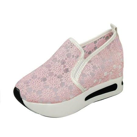 DVKOVI Womens Wide Dress Shoes Womens Platform Shoes Ladies Fashion Solid Color Breathable Mesh Hollow Flower Thick Sole Casual Sports Rocking Shoes Womens Slip On Sneakers Pink 41