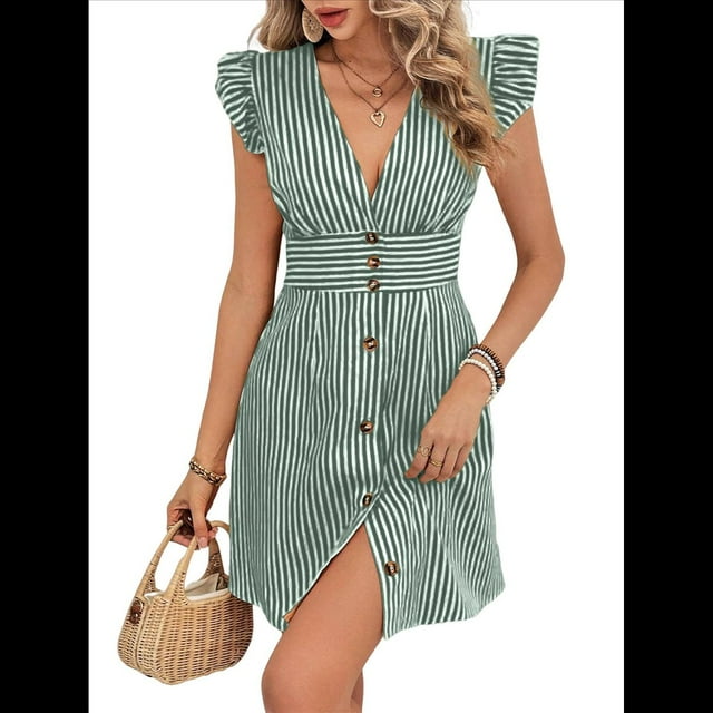 Vestidos de Verano A Rayas para Mujer, Minivestido Informal con Cuello en V, Mangas Abullonadas, Volantes y Botones. Verde L