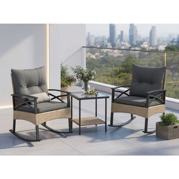 Topcobe 3 Pieces Outdoor Rattan Rocking Chairs Set with 2-Tier Side Table for Garden Backyard, Outdoor Patio Furniture Set, Easy to Assemble-Gray