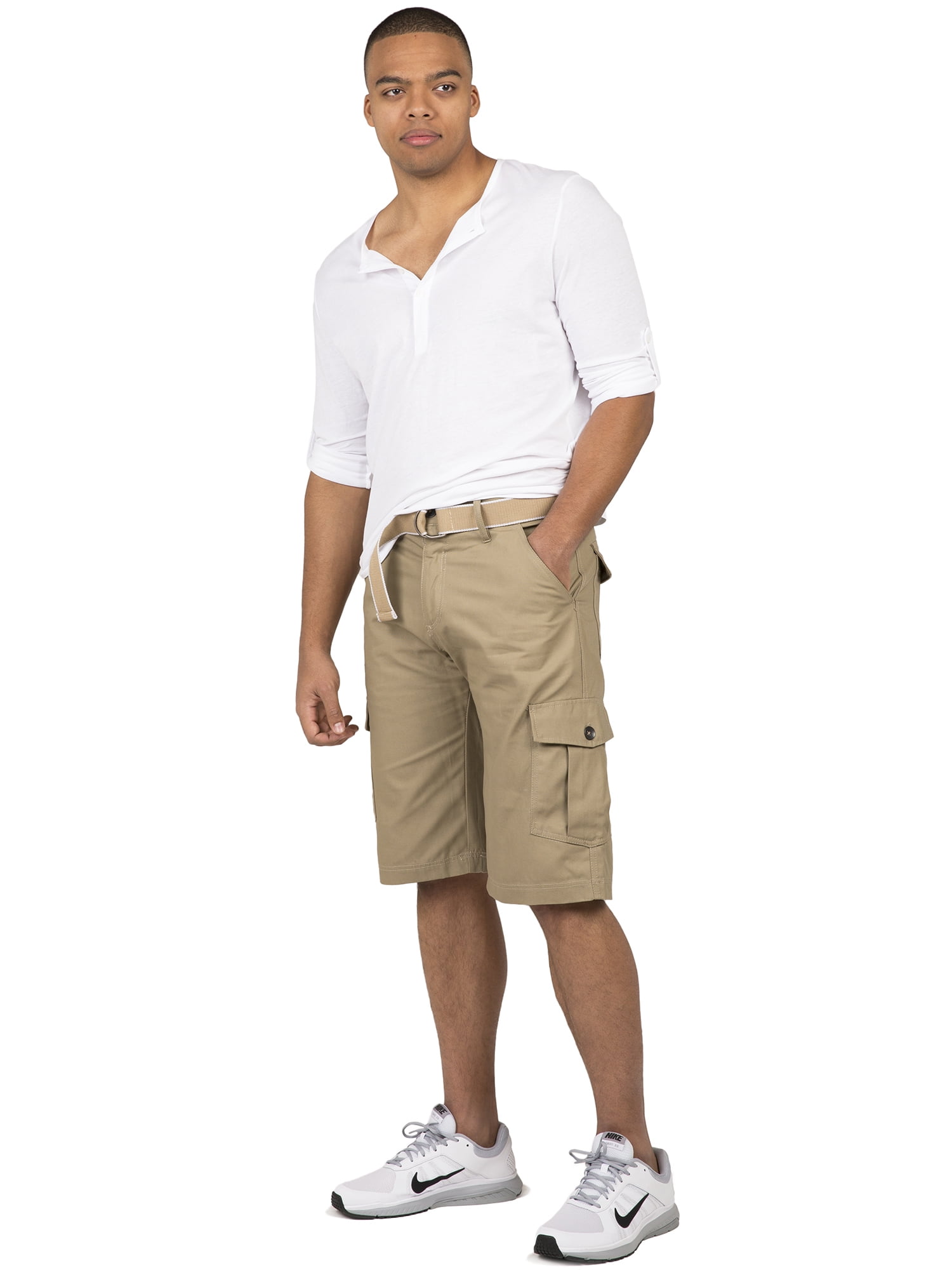 Vibes Men Khaki Cotton Canvas Cargo Shorts Matching Belt 13" Length