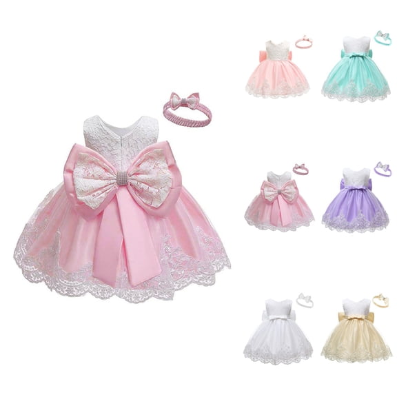 Baby Girls Lace Bowknot Princess Tutu Dress with Headband – Flower Embroidery Formal Pageant Baptism Birthday Gown