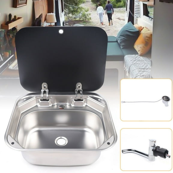 RV Caravan Camper Sink Stainless Steel Hand Wash Basin w/ Glass Lid & Faucet