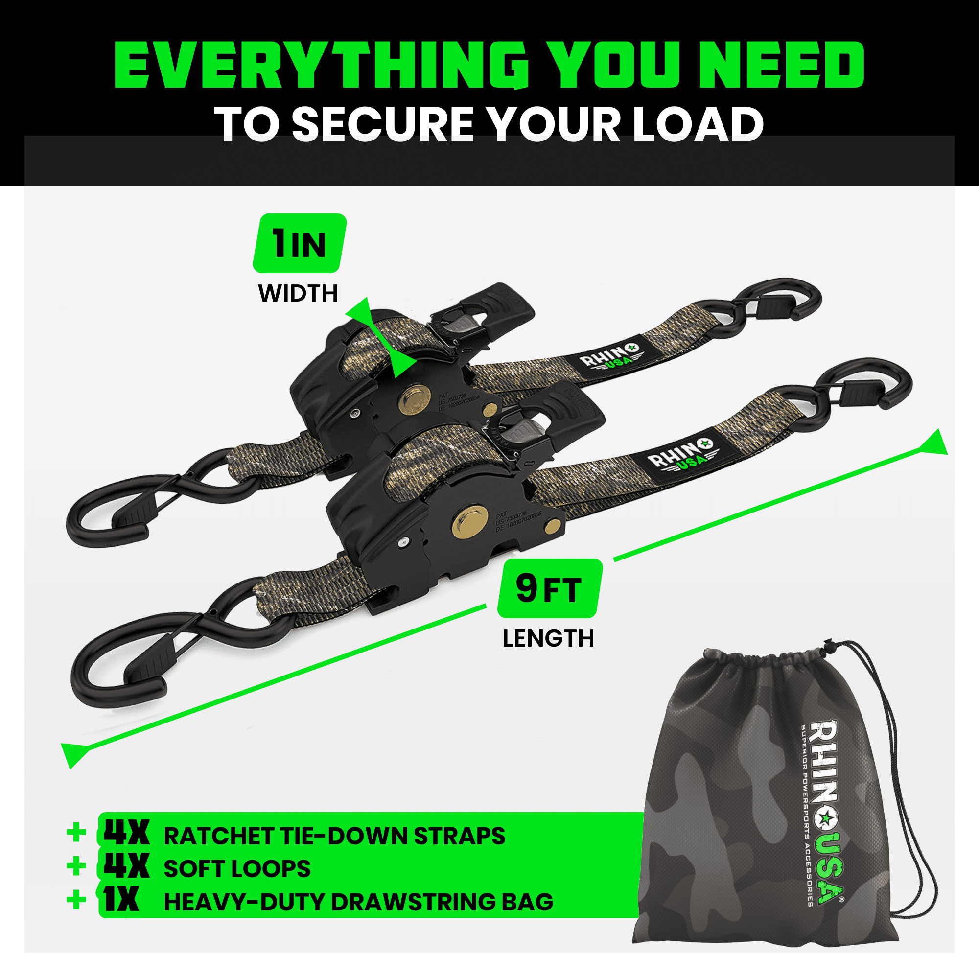 Rhino USA x Realtree Retractable Ratchet Straps (4PK) 1"x 9' (1,209lb Break Strength)- Heavy Duty Auto Self Retracting Tie Down Straps - Realtree APX Cam