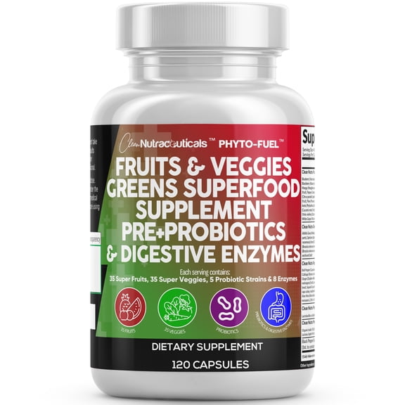 Clean Nutraceuticals Fruits and Veggies Supplement Reds & Green Superfood - Balance of Over 70 Fruit & Vegetable Supplements Capsules with Probiotics Prebiotics Digestive Enzymes - 120 Ct USA