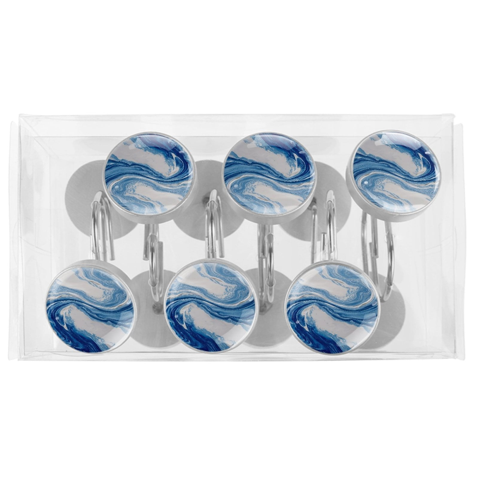 Blue Swirling Marble 12 Pack Shower Curtain Hooks, Decorative Shower Rings for Shower Curtain Rods, Stainless Steel, Rust Resistant, Round Curtain Hooks for Bathroom
