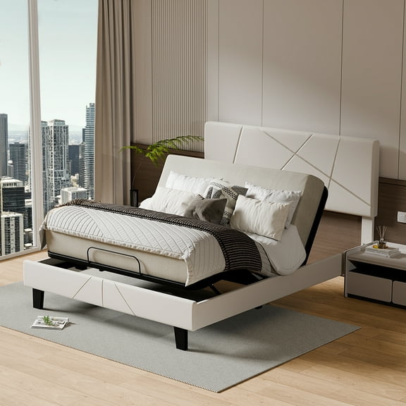 FunniHomi Queen All-in-One Adjustable Bed Frame, Electric Bed Base with Rectangle Padded Headboard, Power Head/Foot Incline and Footboard Guard, Beige