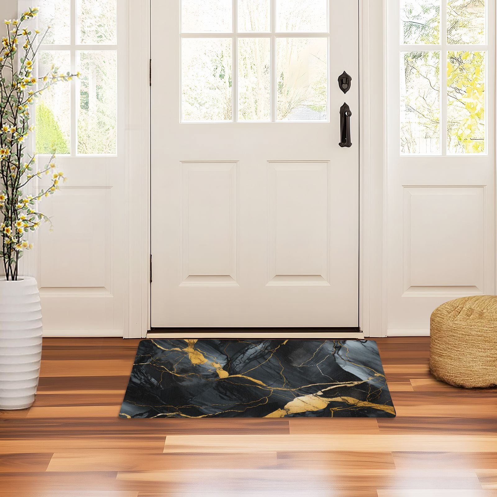 JSTEL Gold & Black Marble Front Door Mat Outside Entrance 32x20 Inch Doormat for Outdoor Indoor Washable Non Slip Floor Mats