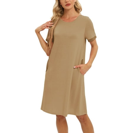 

Women s Short Sleeves Sleepwear Nightshirt Stitching Contrast Nightgown Soft Pullover Nightdress Loungewear with Pockets Khaki S-2XL