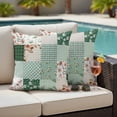 thumbnail image 4 of Boho Spring Floral Outdoor Waterproof Pillow Covers, Retro Flowers Plants Patchwork Grid Green Decorative Square Throw Pillowcase Sofa Cushion Sham for Patio/Couch/Chair, 18"x18" 2 Pack, 4 of 8