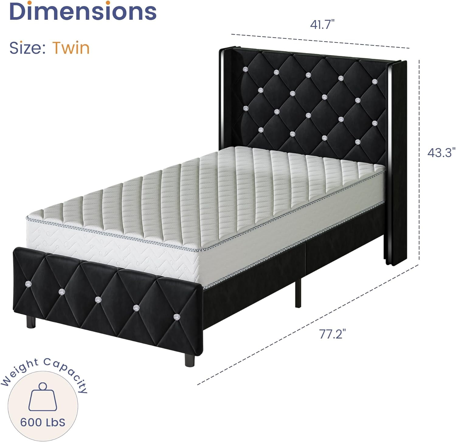 DreamCurship Twin Size Bed Frame, Black Twin Bed Frame with Headboard, Modern Velvet Upholstered Bed Frame, Black