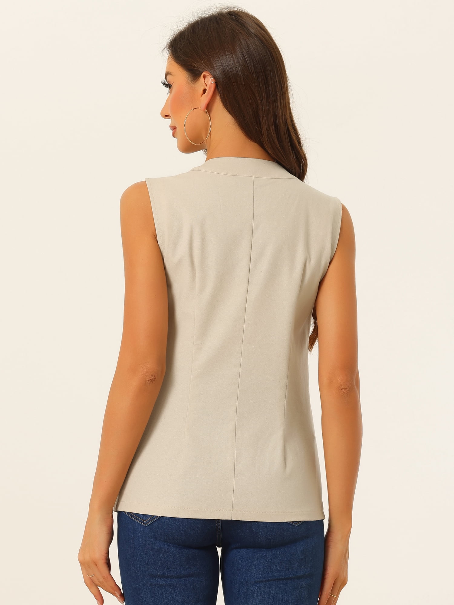 DARING DIVA Women's Cotton Linen V Neck Button Down Jacket Vest S Beige