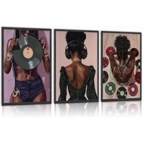 Black Woman Wall Art Fashion African American Women Wall Decor Pictures Abstract Girl Canvas Poster Prints Record Music Aesthetic painting for Bedroom Living Room Unframed