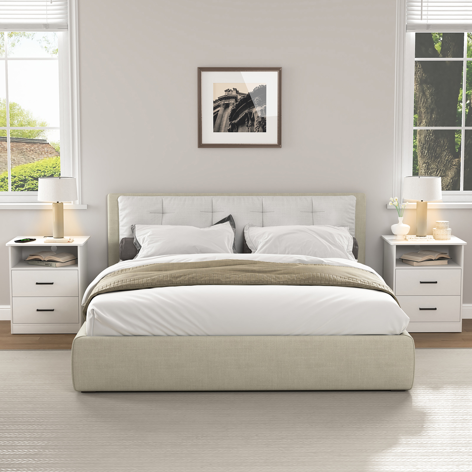 Spaco End Table Set of 2 with Charging Station, Nightstand with USB Ports & Outlets, Modern Bedside Table with 2 Storage Drawer and Top Shelf for Bedroom, White