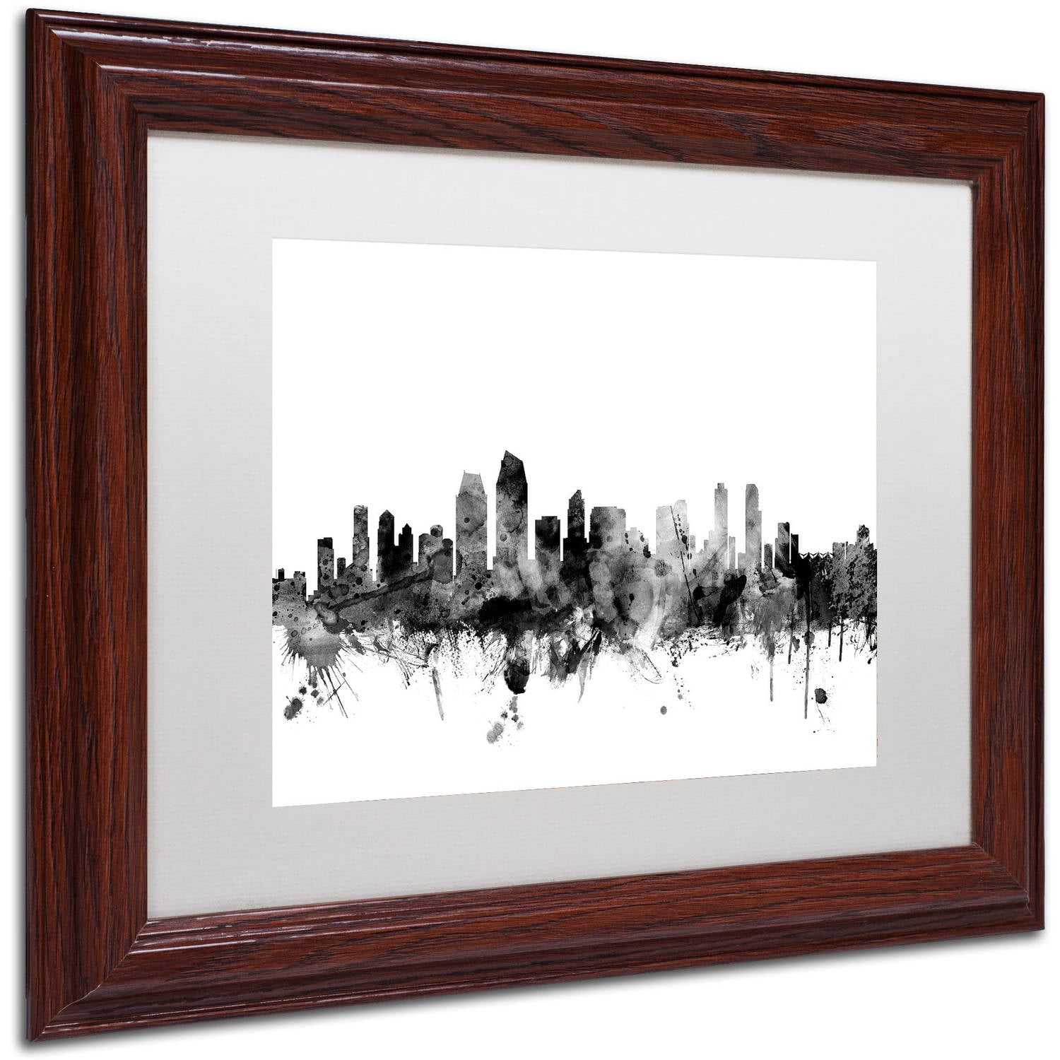 Trademark Fine Art "San Diego CA Skyline B&W" Canvas Art by Michael Tompsett, White Matte, Wood Frame