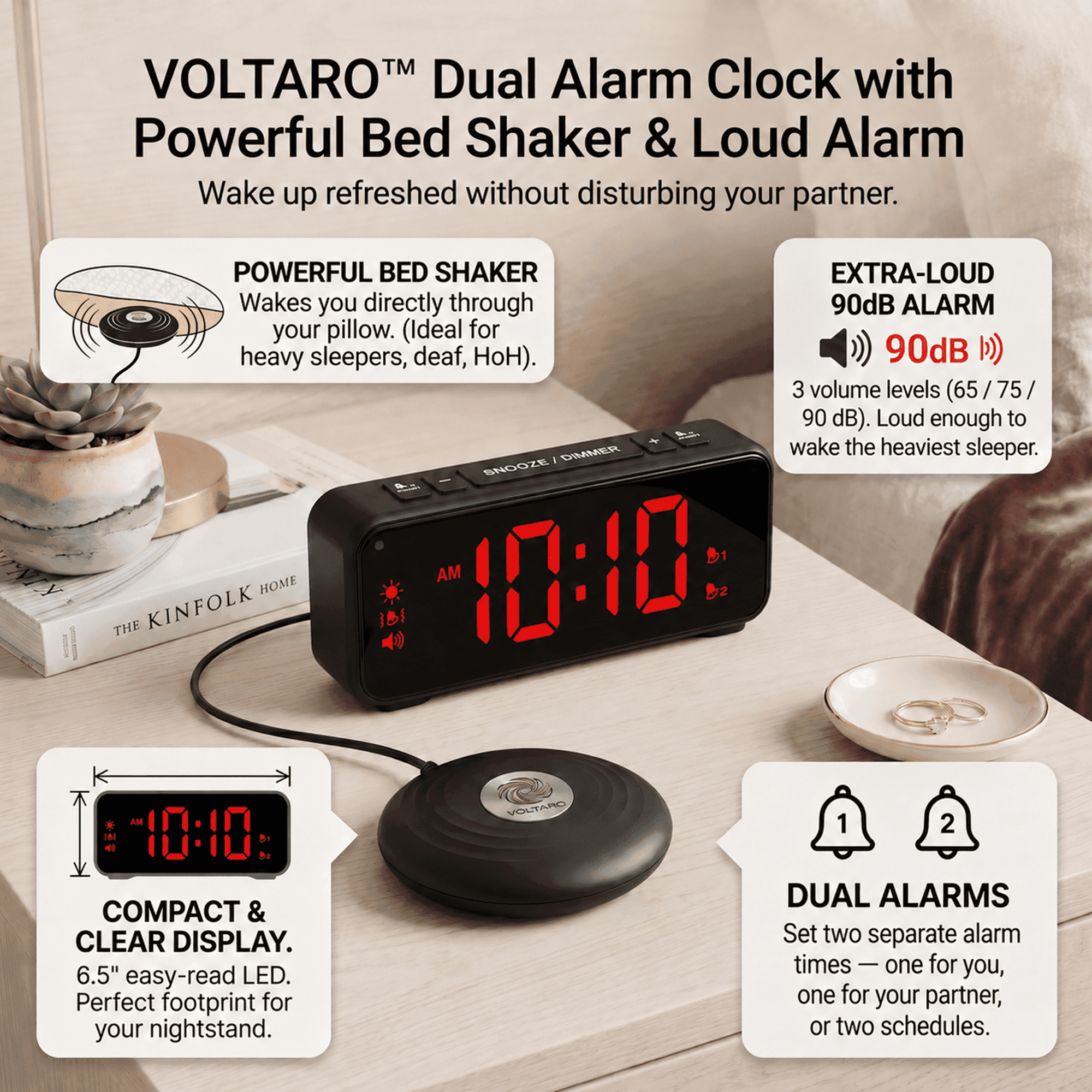 Voltaro Loud Vibrating Alarm Clock with Bed Shaker for Deaf, Heavy Sleepers