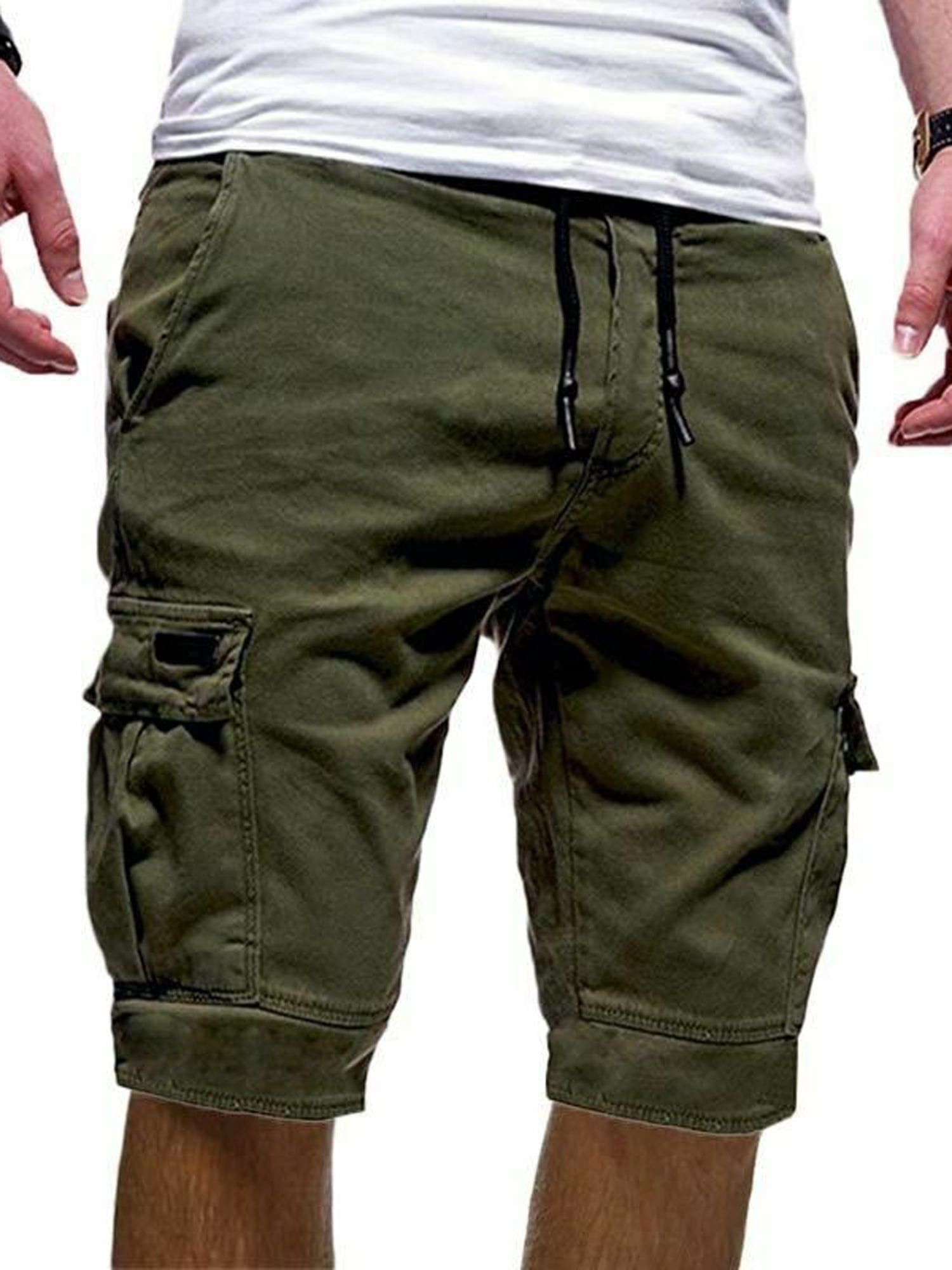 Mens Shorts Casual Cotton Workout Gym Elastic Waist Pants Drawstring with Pocket 