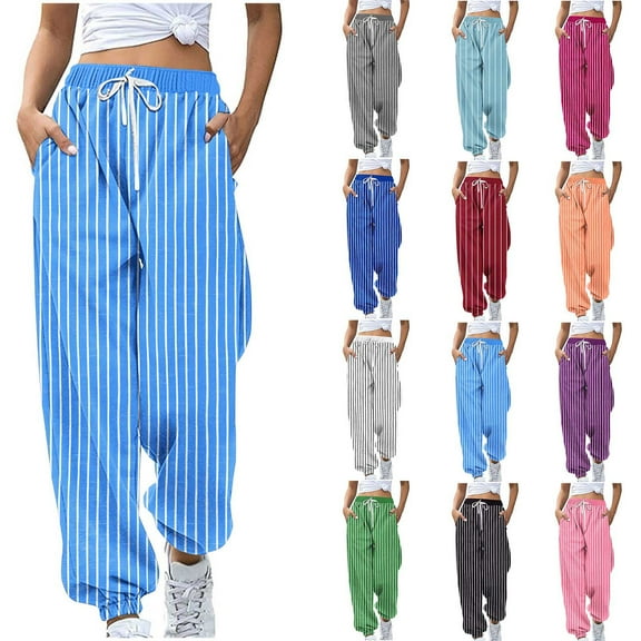 FRSASU Pants for Women Fashion Casual Stripe Printing High Waisted Drawstring Loose Ankle Pants White XL(XL)