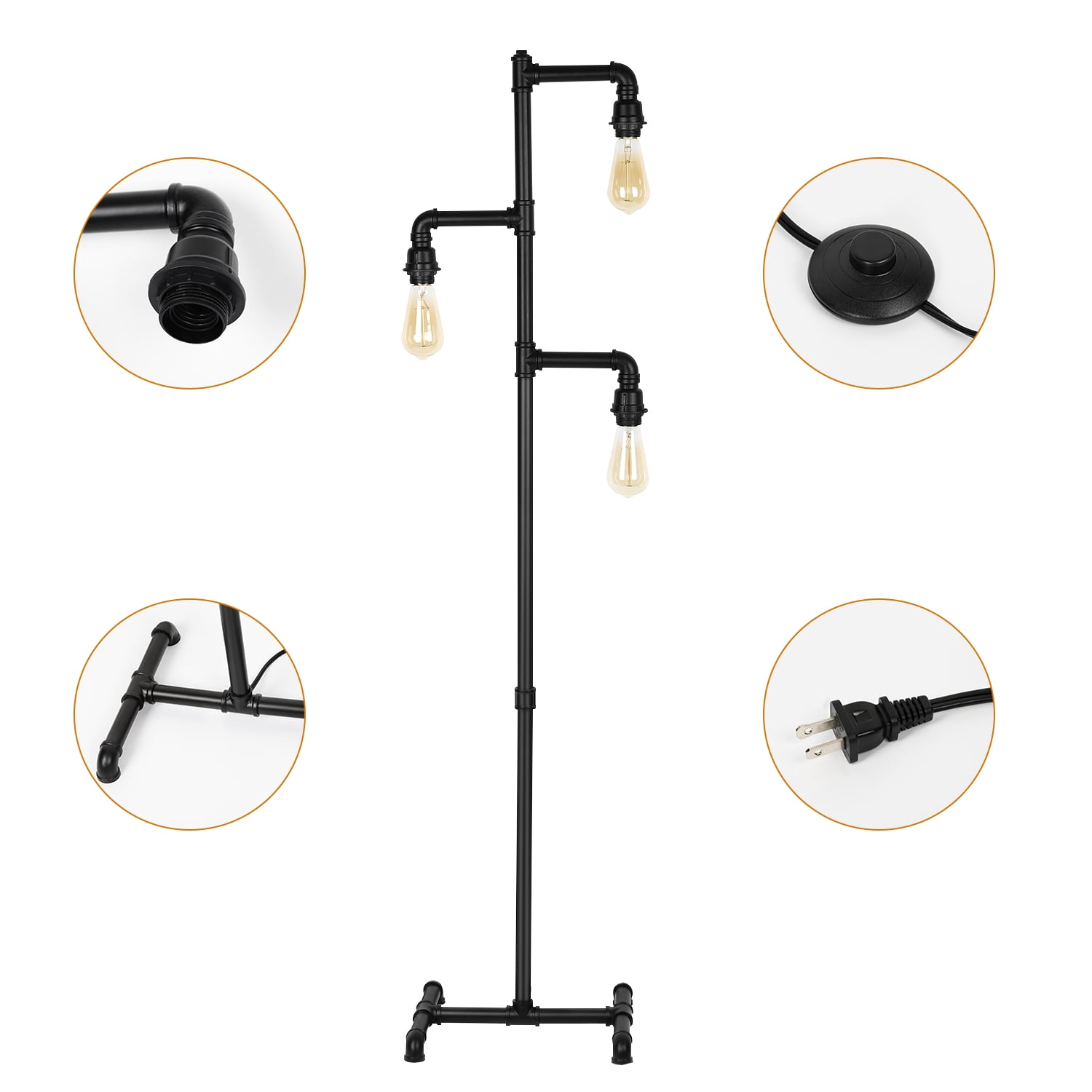Industrial Tree Floor Lamp with 3 Adjustable Rotating Lights, E26 Edison Bulb Floor Lamp for Living Room, Bedroom, Home, Office(Bulb not Included) (Black)