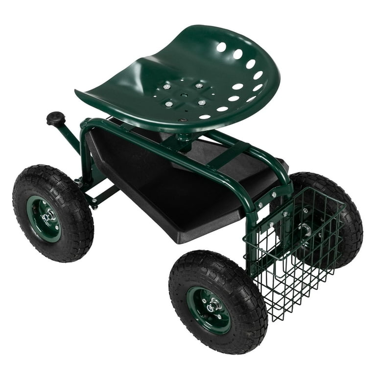 Garden Cart Mobile Rolling Scooter with Extendable Steering Handle Work Seat w Tool Tray Swivel Seat Utility Basket Green