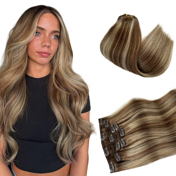 Extensiones Balayage con clip de cabello humano real, 15 pulgadas de grosor, extremos rectos, Ombre Balayage, extensiones de cabello humano rubio marrón a beige con clip con reflejos rubios