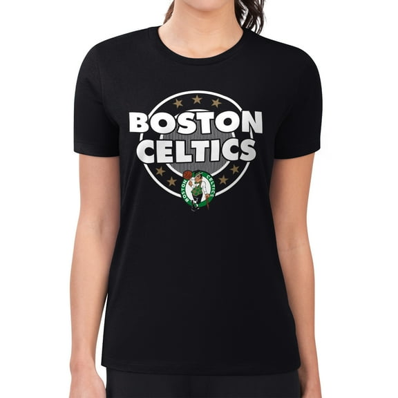 Women's G-III 4Her by Carl Banks Black Boston Celtics Super-Slim Lightweight Pinstripe Circle Graphic T-Shirt