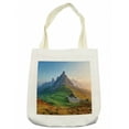 thumbnail image 1 of Rustic Tote Bag, Sunrise at Dolomites Mountains Greenland Hillside Houses Natural Life, Cloth Linen Reusable Bag for Shopping Books Beach and More, 16.5" X 14", Cream, by Ambesonne, 1 of 2