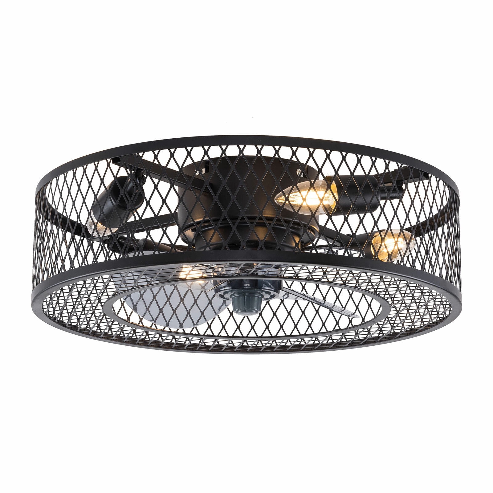 Miumaeov 18'' Rustic Metal Caged Ceiling Fan Light Semi Flush Mount Fan Chandelier 3 Speeds with Remote Control Black