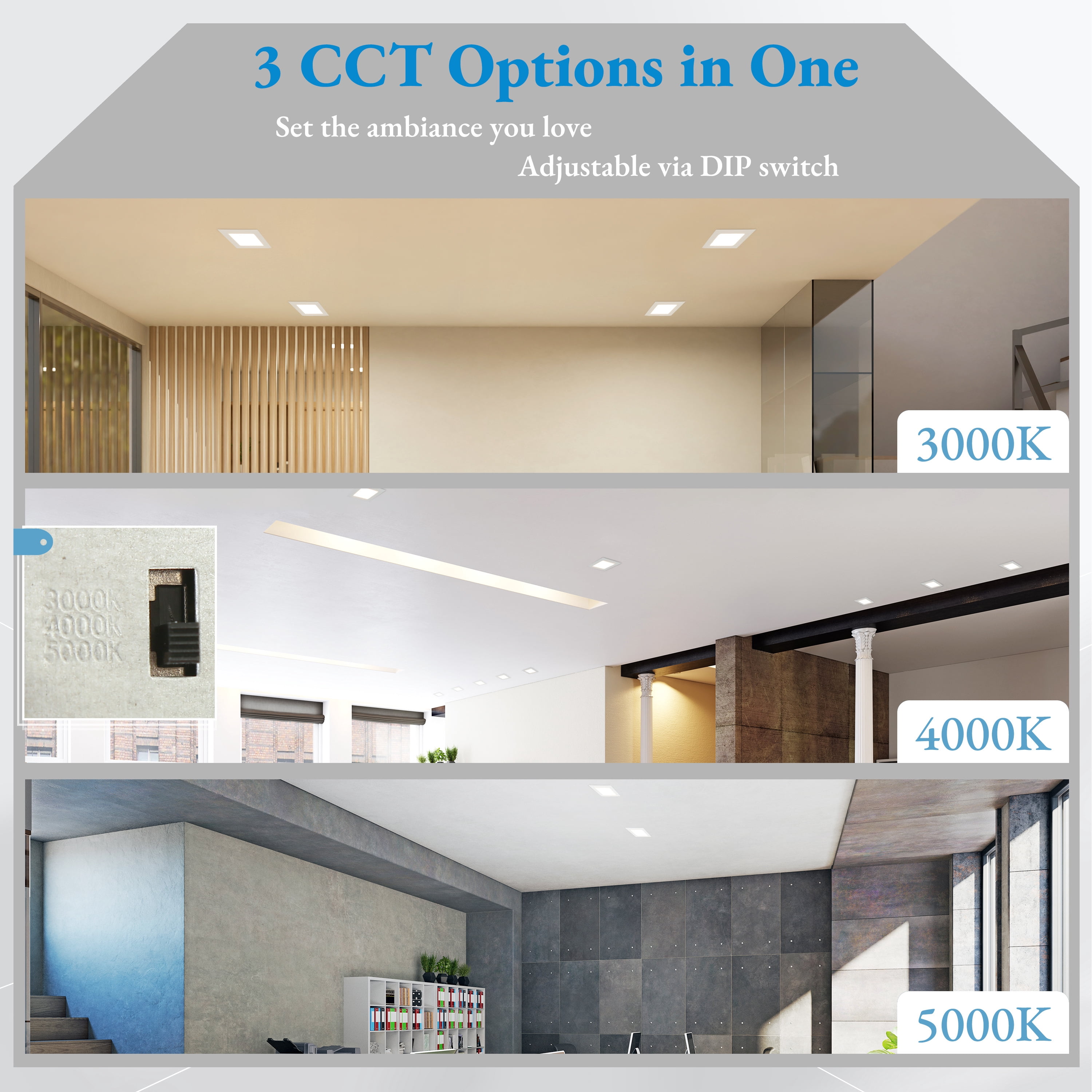 LNC 4 Inch Square LED Recessed Light,9W,3CCT,850LM,Dimmable,Canless,Energy Star,ETL Listed,for Kitchen,Living Room,Bedroom