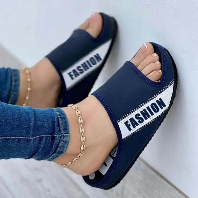Sandalias planas de tela de verano, zapatillas de plataforma de bloque de Color con letras y punta abierta para exteriores, cómodas e informales a la moda para mujer Wmkox8yii ytu7690