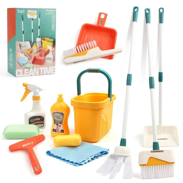 Juego de limpieza para niños, Kit de suministros para el hogar con recogedor, Cubo de escoba, mopa, juego de limpieza, casa de juegos, juguetes para niños y niñas, 12 piezas por juego