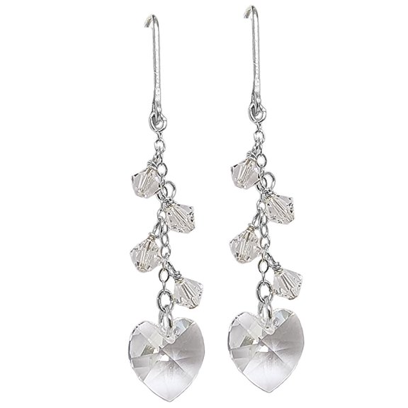 Sparkling Clear Crystal Heart Cluster Dangle Earrings Sterling Silver