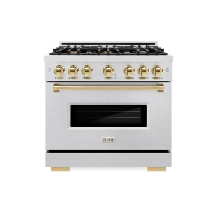 ZLINE Autograph Edition 36 in. 5.2 cu. ft. Classic Dual Fuel Range with 6 Burner Gas Cooktop and Electric Convection Oven in DuraSnow Stainless Steel with Polished Gold Accents (CDRSZ-36-G)