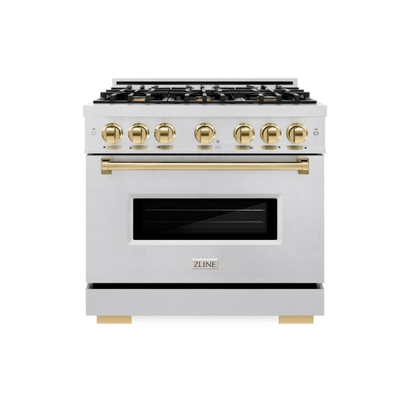 ZLINE Autograph Edition 36 in. 5.2 cu. ft. Classic Dual Fuel Range with 6 Burner Gas Cooktop and Electric Convection Oven in DuraSnow Stainless Steel with Polished Gold Accents (CDRSZ-36-G)